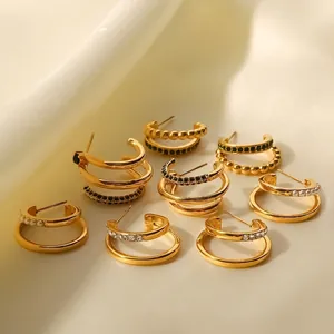 C-Shaped Hoop Earrings 18K Gold Plated Stainless Steel With Green Zircon And Faux Artificial Pearl Geometric For Women
