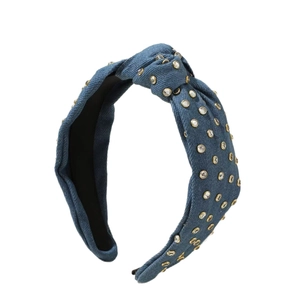 Blue denim knotted headband with sparkling rhinestones and wide top knot design