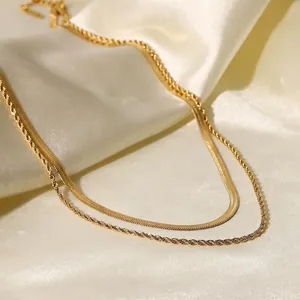 Minimalist Stainless Steel Double Layer Necklace For Women Gold Plated Flat Snake Chain And Twisted Rope Chain Jewelry