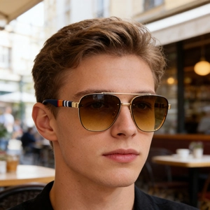 Fashion rimless aviator sunglasses with brown gradient lenses and striped gold metal temples