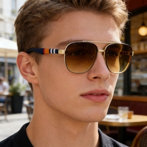 Detail of rimless square sunglasses with striped temples and gold double bridge frame