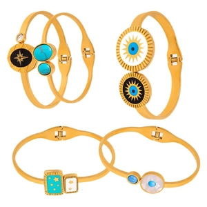 Four-piece golden evil eye bangle set with mother of pearl and turquoise inlays
