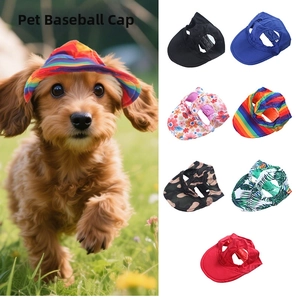 Detail view of various pet baseball caps with ear holes for comfort and outdoor sun protection