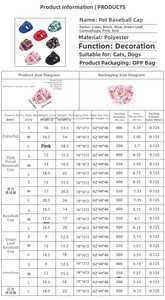 Size guide for polyester pet baseball caps showing S, M, L dimensions and seven style options