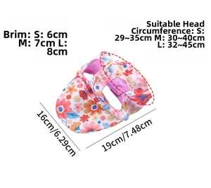 Detailed size chart for floral dog sun hat showing brim width and head circumference