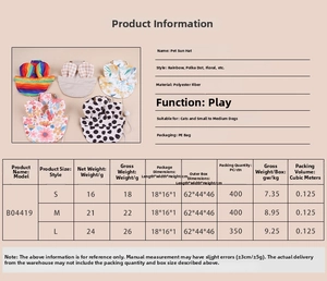 Detailed size guide for pet baseball caps showing S, M, L dimensions and fabric types