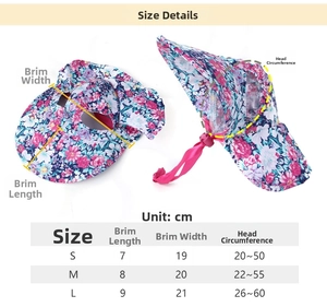 Size chart for floral dog sun hat showing dimensions and adjustable strap details