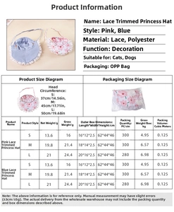 Size chart for pet lace princess hat showing head circumference and weight data
