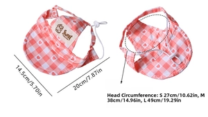 Detail of dog sun hat with orange plaid pattern and adjustable drawstrings for S/M/L sizes