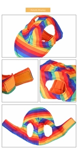 Detailed views of rainbow pet baseball cap showing ear holes and adjustable strap