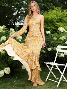 Elegant one shoulder floral bodycon dress with ruffled fishtail hem in yellow satin finish