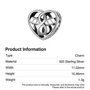 S925 Sterling Silber Unendlichkeit Herz Bead mit Engelsflügeln für DIY Armbänder