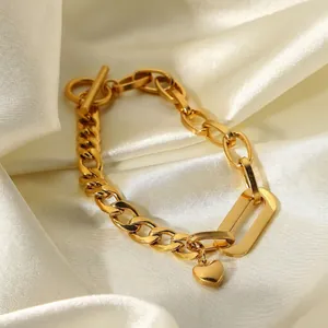 Stainless Steel OT Clasp Heart Pendant Bracelet Gold Plated Cuban Chain Oval Link Fashion Jewelry For Women Wedding Gift