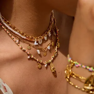 Bohemian Multi Layer Necklace Set Stainless Steel Alloy Beads Braided Rope Artificial Pearl Shell LOVE Letter Summer Beach Vacation