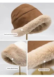 Close-up of thick plush lining and soft suede texture on a warm winter bucket hat