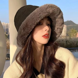 Winter plush bucket hat in dark green with thick grey faux fur lining for women