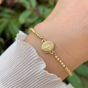 Classic 18K gold plated beaded bracelet with religious oval medallion for daily wear
