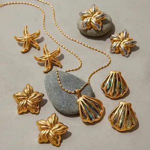 Stainless Steel Abalone Shell Necklace And Earrings Seashell Starfish Marine Theme Gold Plated Jewelry Luxury For Women