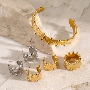 Stainless Steel C Shape Hoop Earrings 18K Gold Plated With Rhinestones Bead Edge Geometric Waterproof Hypoallergenic For Women