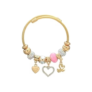 Detailed view of gold stainless steel bracelet with heart charms and crystal swan pendant