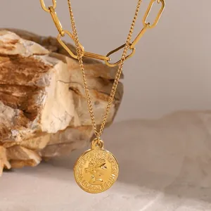Gold Plated Stainless Steel Three Layered Necklace Vintage Coin Portrait Pendant Necklace For Women Retro Bohemian Jewelry