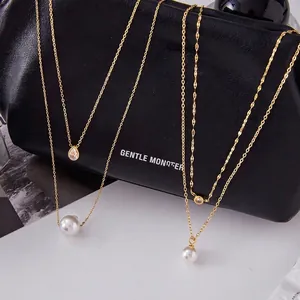 Layered Necklace Stainless Steel Gold Plated Cubic Zirconia Artificial Pearl Pendant Waterproof Hypoallergenic Elegant Women