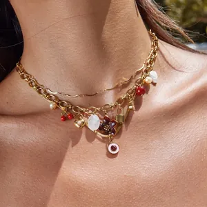 Stainless Steel Charm Necklace For Women Waterproof Hypoallergenic Luxury Retro Multi Pendant Flower Heart Lock Faux Artificial Pearl Jewelry