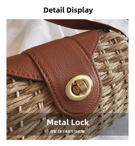 Detailed close-up of straw woven texture with brown leather flap and golden metal lock