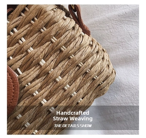 Detailed close-up of handmade woven straw texture with premium brown leather trim and strap