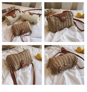 Detail of woven straw crossbody bag featuring leather flap and metal turn-lock closure