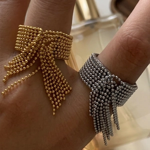 Stainless Steel Tassel Open Ring Adjustable Beaded Bowknot Design Waterproof Hypoallergenic Luxury Fashion Jewelry Women