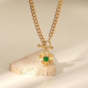 Heart Pendant Necklace Stainless Steel Green Gemstone Gold Plated Toggle Clasp Chunky Cuban Chain Retro For Women