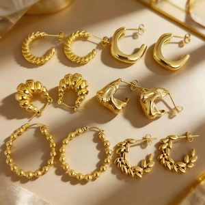Boucles D'oreilles Créoles En Acier Inoxydable Plaquées Or 18K Forme C Géométrique Épi De Blé Croissant Texture Métal Liquide Pour Femmes