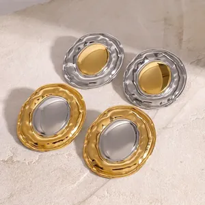 Vintage Geometric Oval Ear Studs Stainless Steel Bicolor Gold Silver Hammered Texture Waterproof Hypoallergenic Jewelry