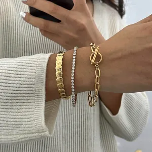 Bracelet En Acier Inoxydable Plaqué Or 18K Zircon Tennis Chaîne Toggle Jonc Ouvert Écailles Luxe Bijoux Femmes
