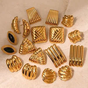 Ribbed Wave Geometric Stud Earrings Stainless Steel 18K Gold Plated French Retro Textured Minimalist Jewelry For Women