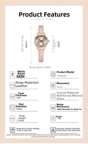 Detailed size chart for retro ladies quartz watch with pink leather strap and 26mm case