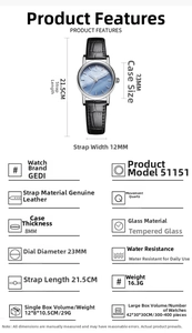 Detailed specs of the women's quartz watch with 23mm blue dial and black leather strap