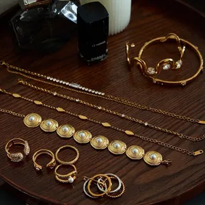 Stainless Steel Gold Plated Jewelry Wave Design Zircon Inlaid Open Cuff Bracelet Ring Necklace Elegant Fashion For Women