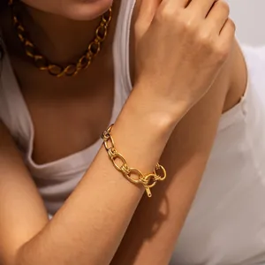 Modern Stainless Steel Chunky Oval Link Chain Necklace And Bracelet 18K Gold Plated Thick Geometric Jewelry For Women