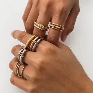 Chic Stainless Steel Stackable Linked Rings For Women Micro Pave Cubic Zirconia Multi Loop Interconnected Design Waterproof