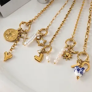 Stainless Steel Necklace With Freshwater Pearl Ceramic Heart Sun Moon Star Charms Waterproof Hypoallergenic Jewelry Women