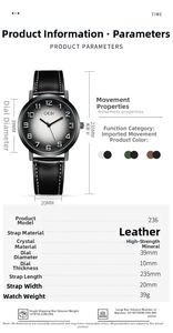Detailed spec sheet showing the 39mm black dial and dimensions of the quartz watch