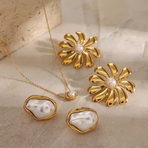 Artificial Baroque Pearl Necklace Earrings And Ring Women Stainless Steel Waterproof Hypoallergenic Elegant Vintage Geometric Jewelry