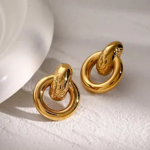 Geometric Hoop Earrings 18K Gold Plated Stainless Steel Hammered Texture Interlocking Rings Minimalist Jewelry For Women