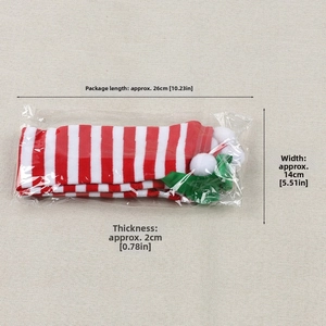Detail of red and white striped Christmas over-knee socks in packaging with dimensions