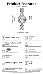Detailed specs of GEDI stainless steel watch with Roman numeral dial and dimensions