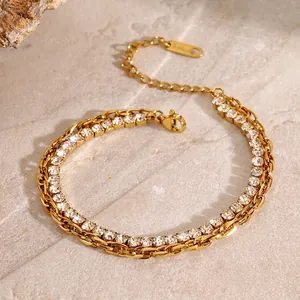 Double Layer Stainless Steel Gold Plated Bracelet For Women Elegant Cubic Zirconia Tennis Chain Link Jewelry Trendy Ins Style