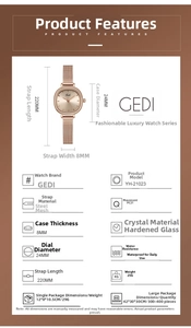 Detailed spec sheet for GEDI women's rose gold mesh watch with water resistance data