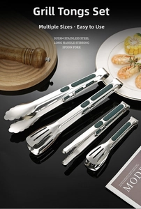 Detail of stainless steel food tongs set with green non-slip silicone handles for BBQ